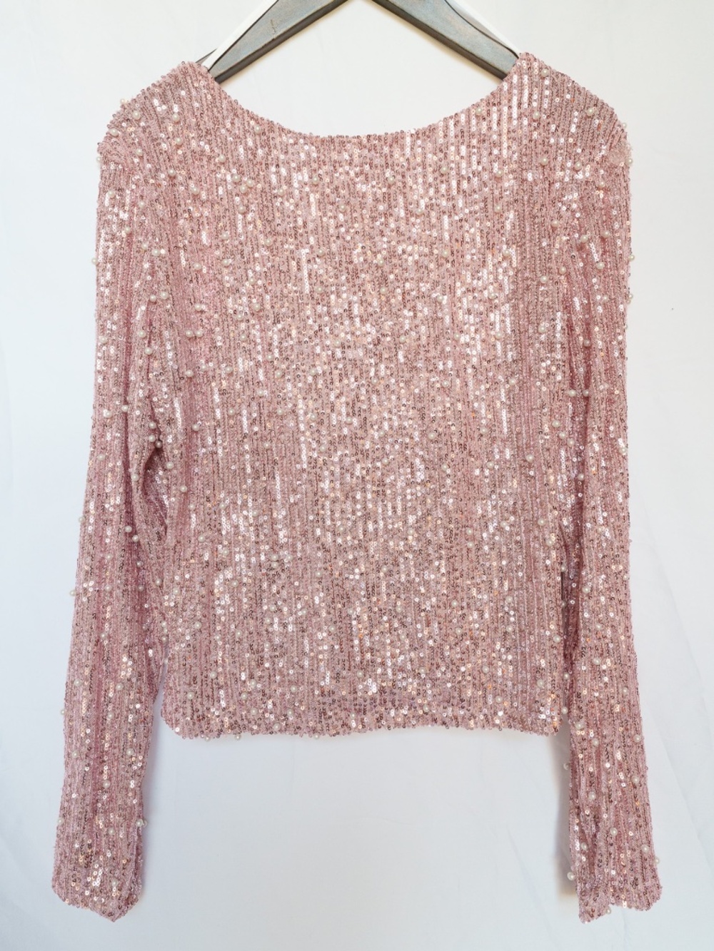 Pink Sequin Pearl Embellished Top | Long Sleeve Party Top | Glam Statement